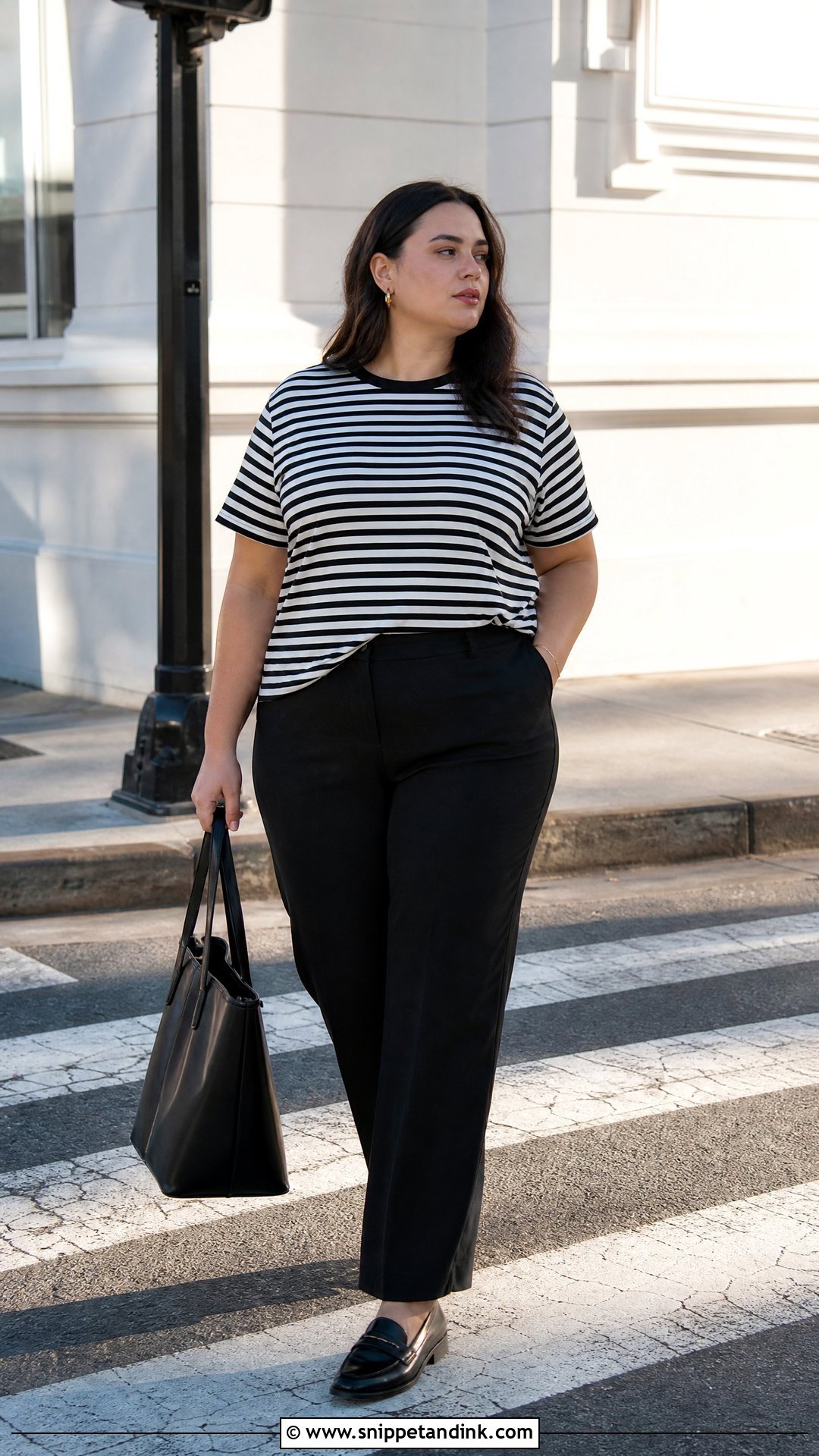 Plus Size Striped Tee And Black Pants Outfit - Snippet and Ink - 20 plus size capsule wardrobe ideas