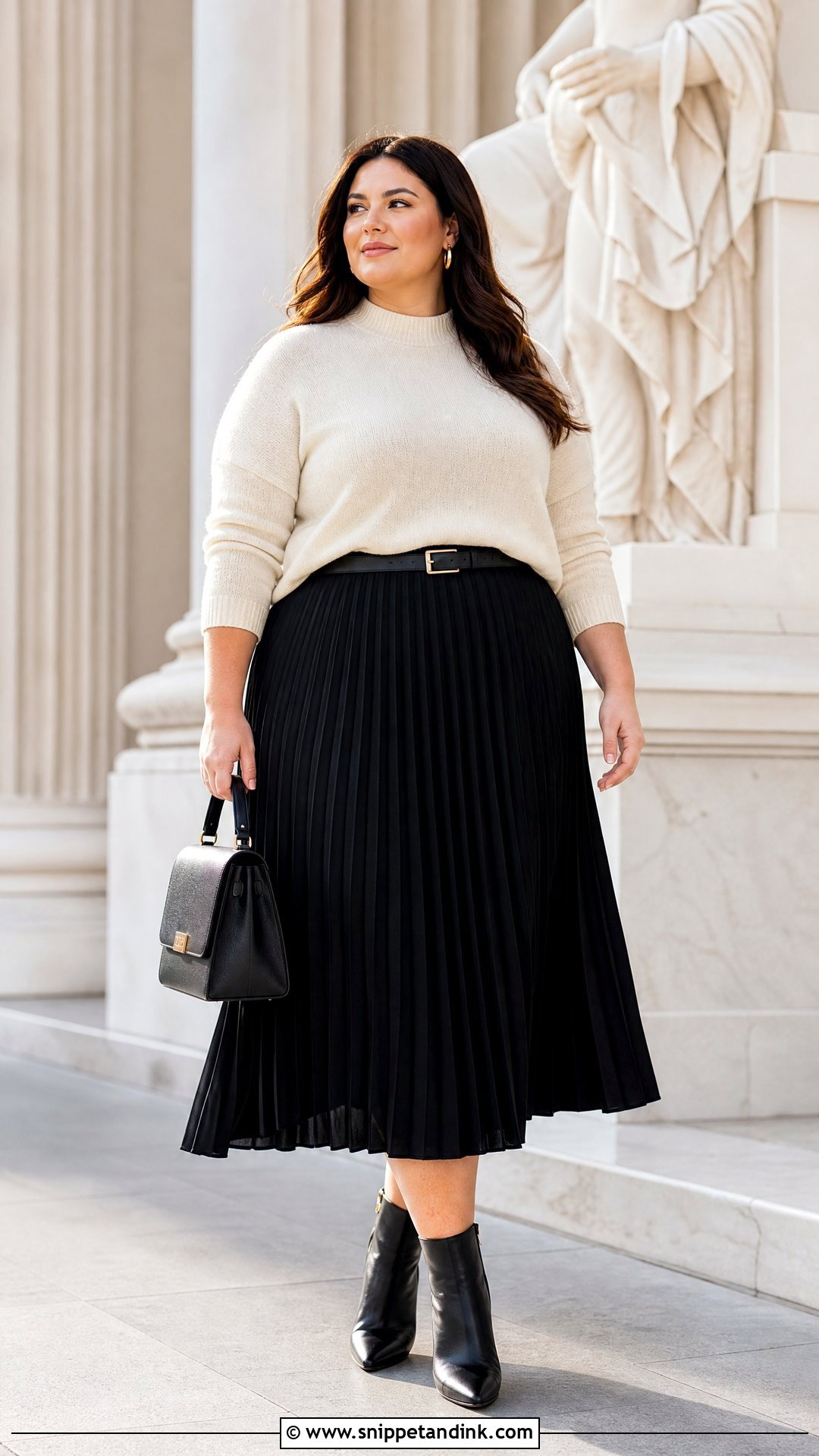 Plus Size Sweater And Pleated Skirt Outfit - Snippet and Ink - 20 plus size capsule wardrobe ideas