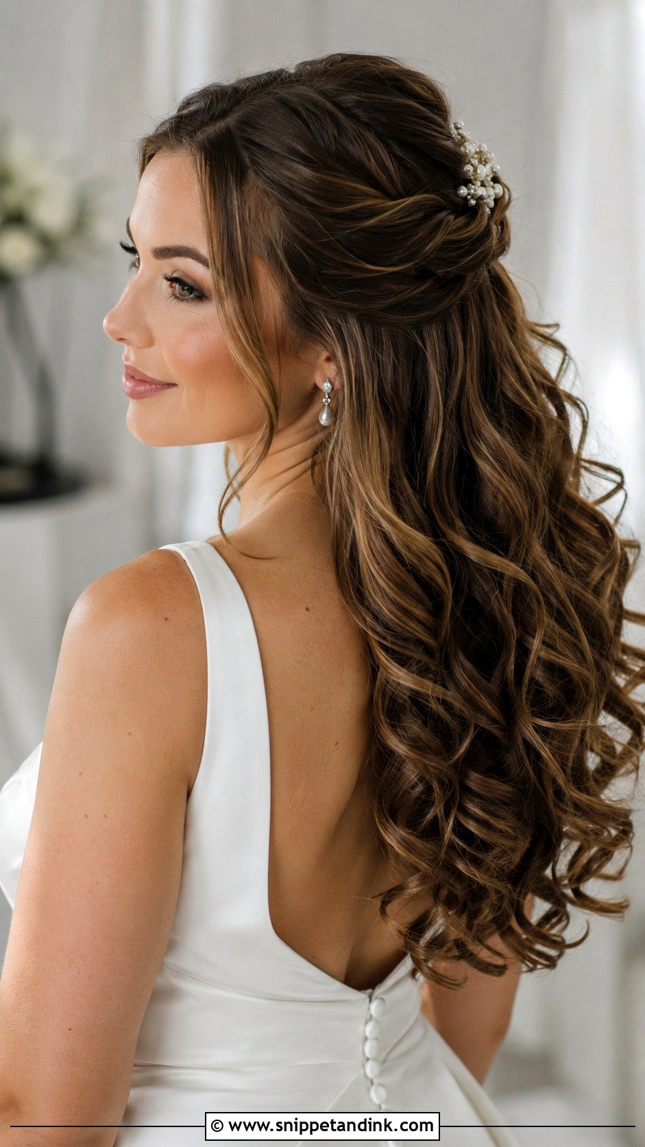 Polished Half Updo with Curls - Snippet and Ink - 20 Old Money Wedding Hairstyles