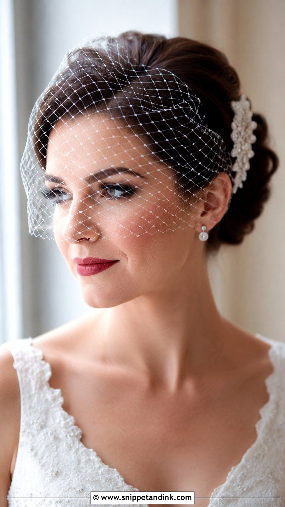 Polished Updo With Birdcage Veil for Short Hair - Snippet and Ink - 20 Short Updo Wedding Hairstyles
