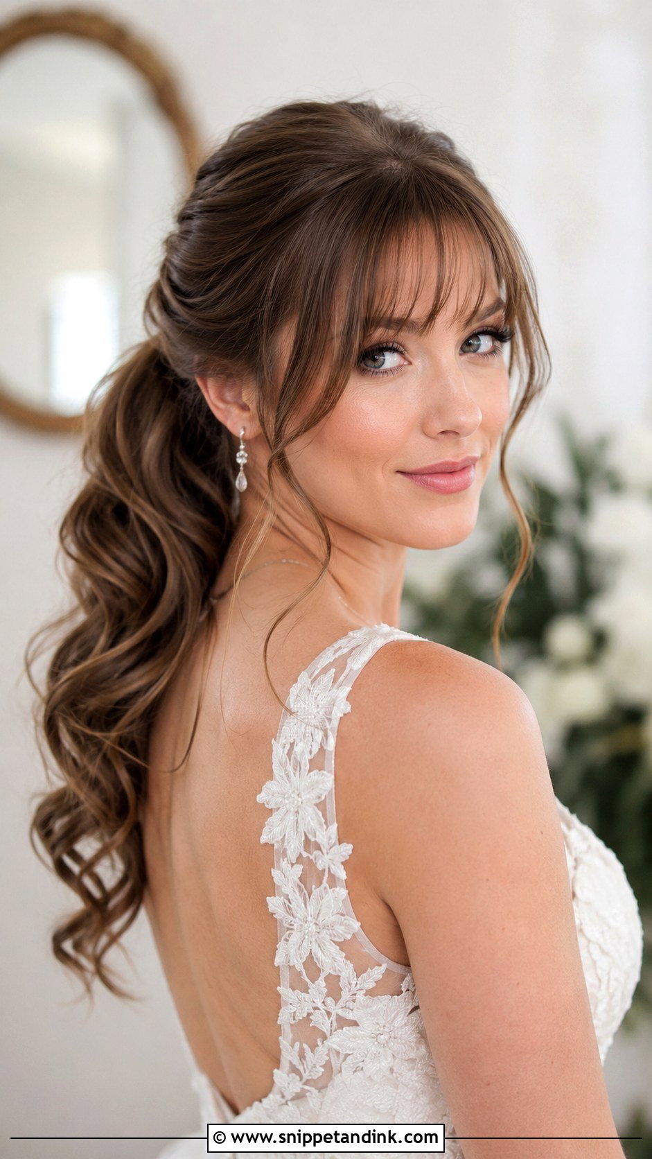 Ponytail With Wispy Bangs - Snippet and Ink - 30 Elegant Ponytail Wedding Hairstyles