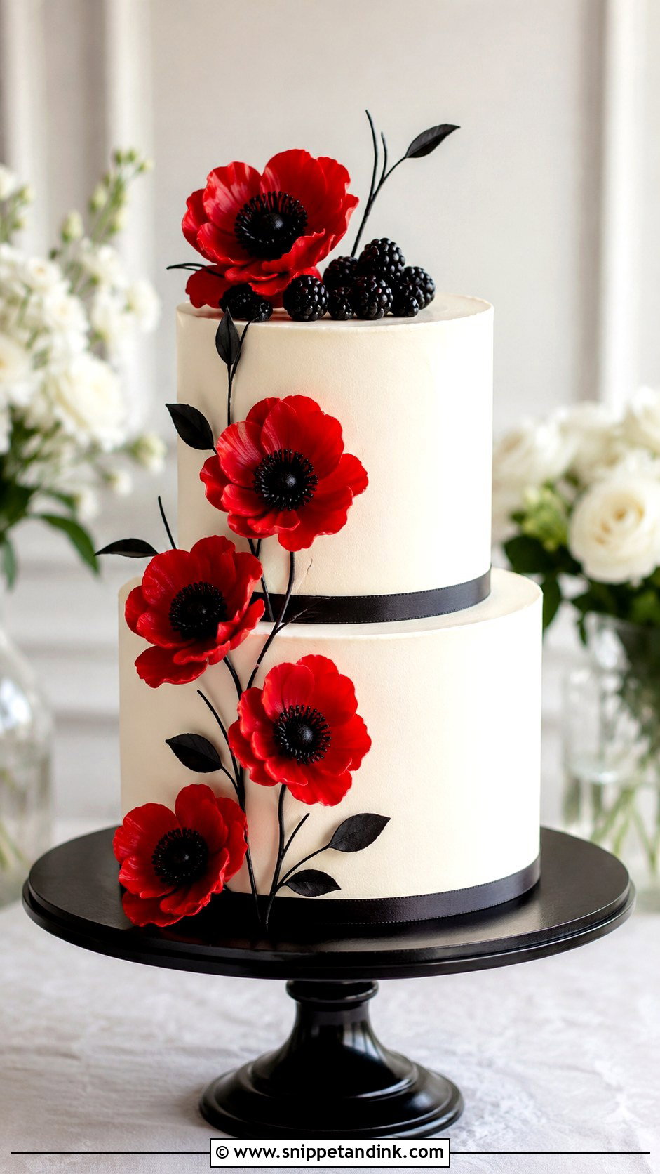 Poppy Wedding Cake With Black Accents - Snippet and Ink - 25 Wedding Cake Ideas with Poppies