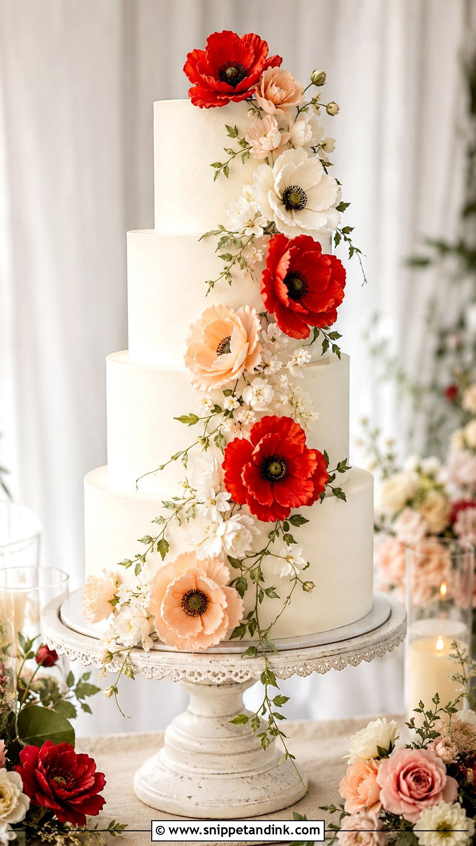 Poppy Wedding Cake With Floral Cascade - Snippet and Ink - 25 Wedding Cake Ideas with Poppies