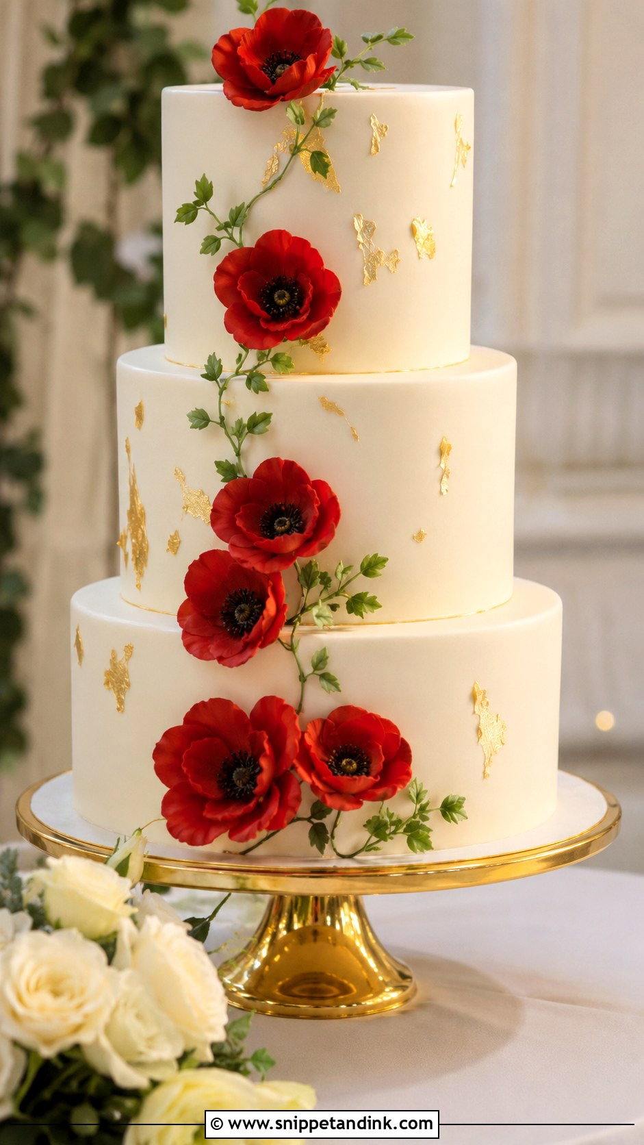 Poppy Wedding Cake With Gold Accents - Snippet and Ink - 25 Wedding Cake Ideas with Poppies