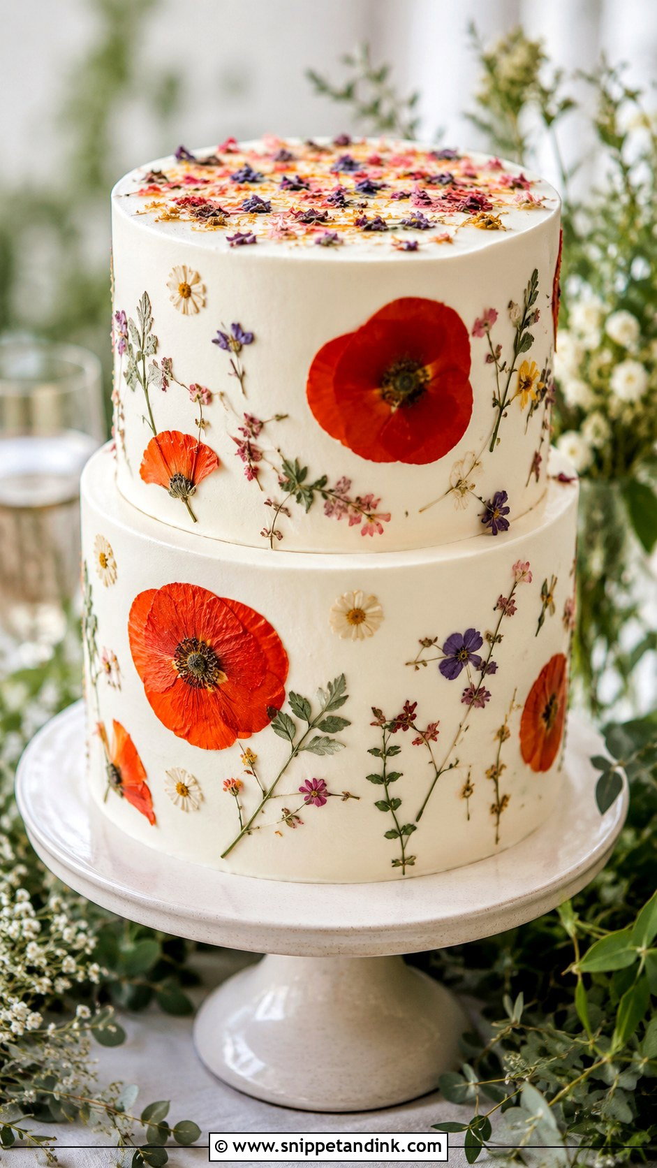 Poppy Wedding Cake With Pressed Flowers - Snippet and Ink - 25 Wedding Cake Ideas with Poppies