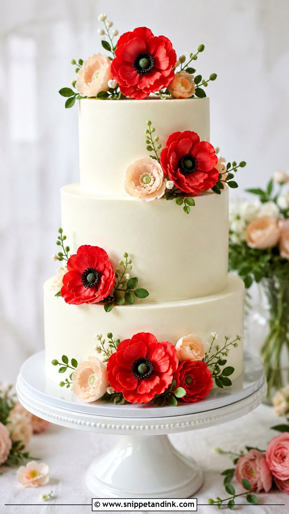 Poppy Wedding Cake With White Buttercream - Snippet and Ink - 25 Wedding Cake Ideas with Poppies