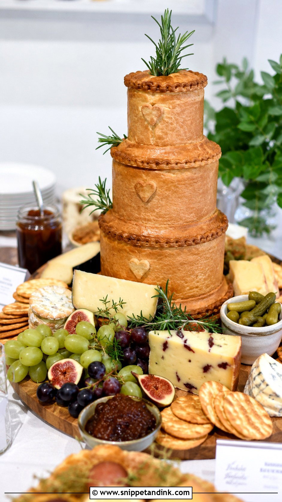 Pork Pie Wedding Cake With A Cheese Board - Snippet and Ink - 20 Pork Pie Wedding Cake Ideas