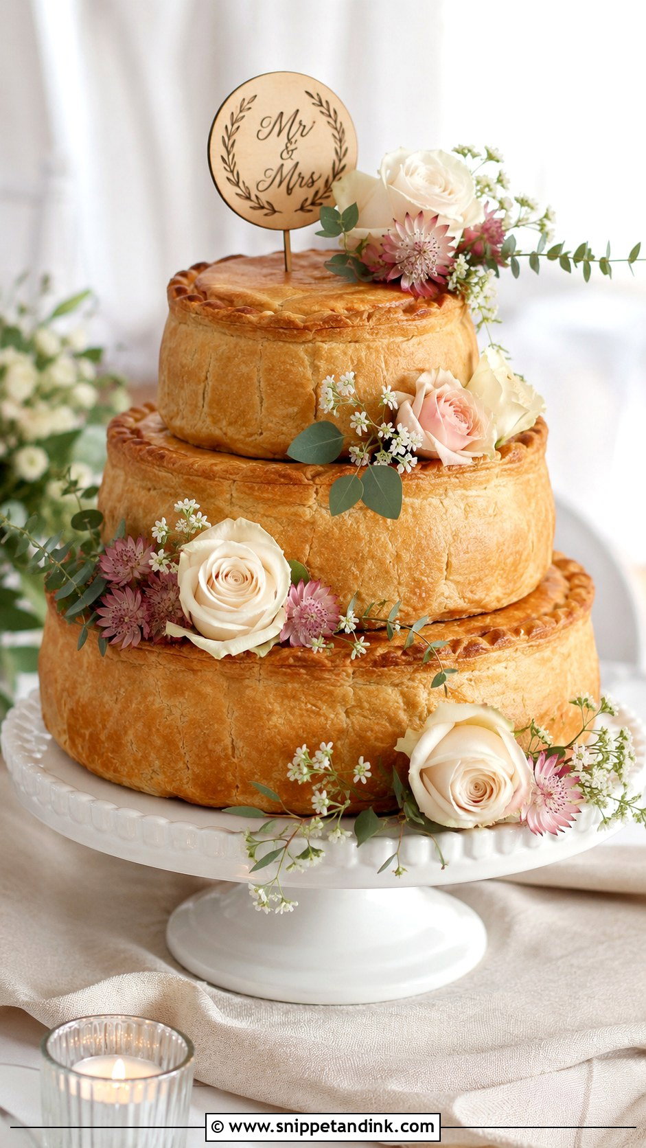 Pork Pie Wedding Cake With Flowers - Snippet and Ink - 20 Pork Pie Wedding Cake Ideas