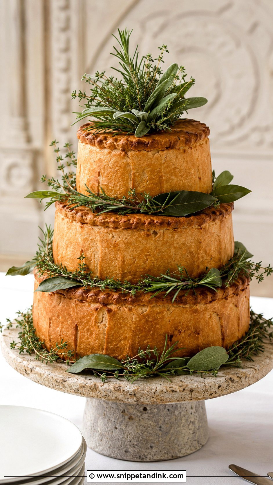 Pork Pie Wedding Cake With Herb Garnish - Snippet and Ink - 20 Pork Pie Wedding Cake Ideas