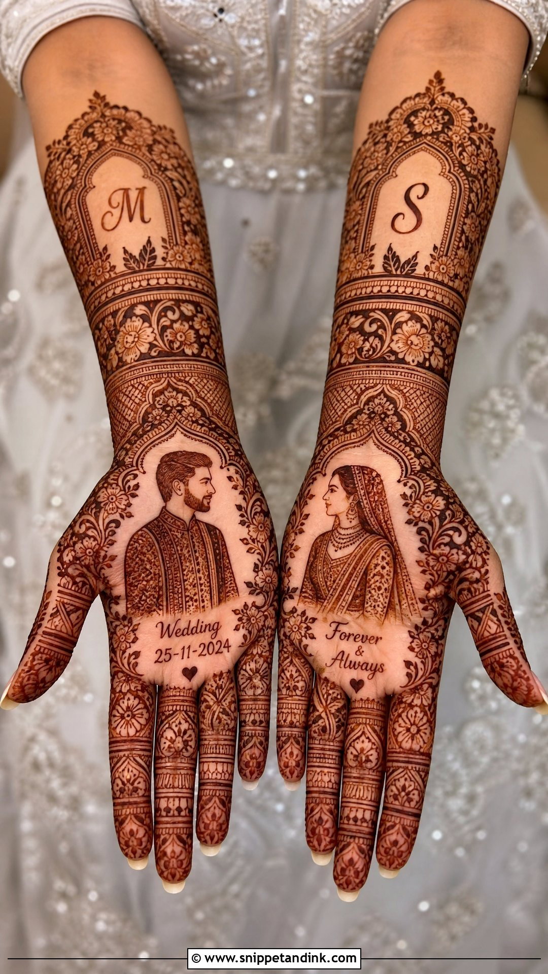Portrait Bridal Mehndi With Couple Figures - Snippet and Ink - 20 Bridal Mehndi Designs with Figures