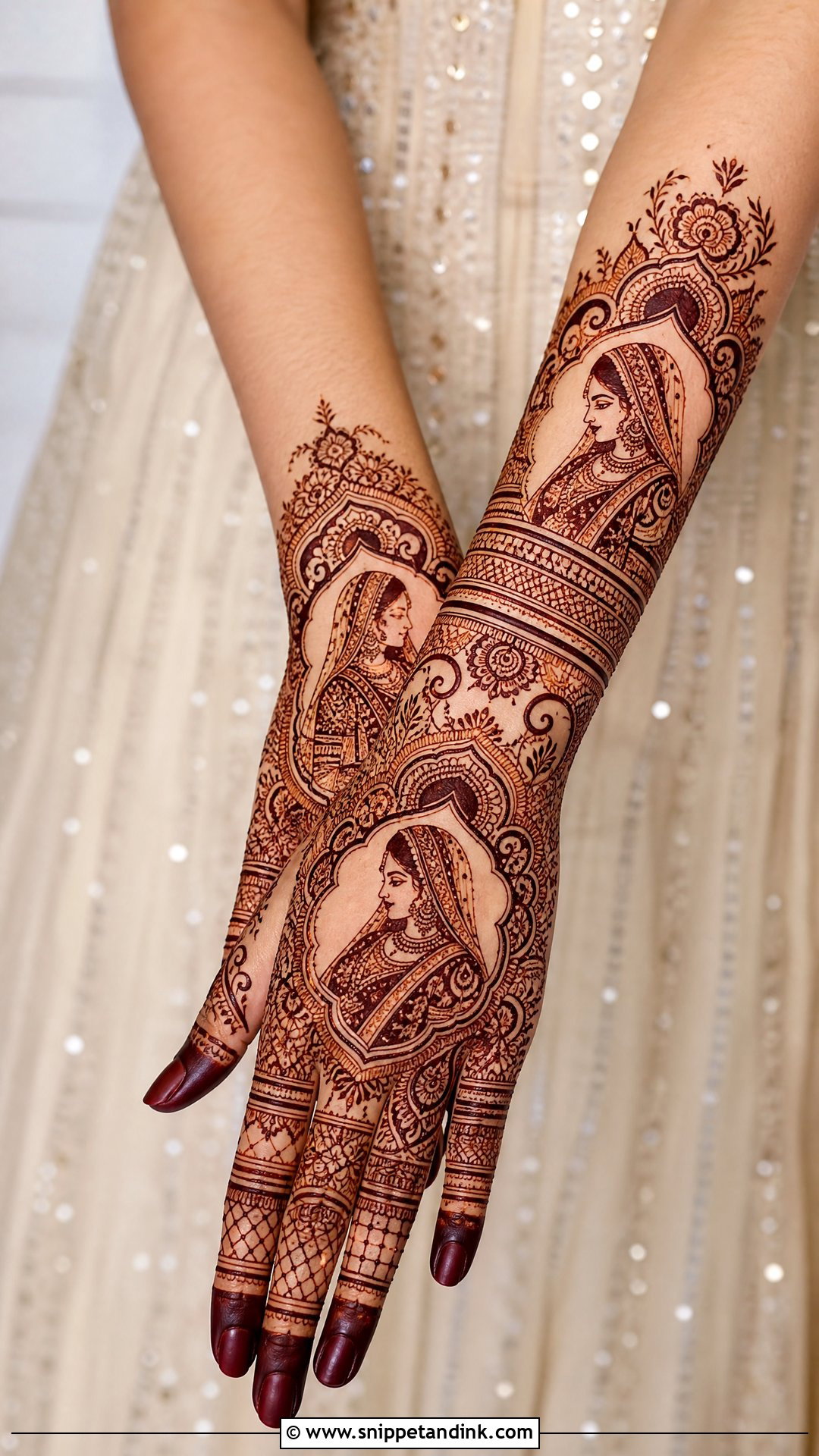 Portrait Dulhan Back Hand Mehndi Design - Snippet and Ink - 25 Dulhan Back Hand Mehndi Designs