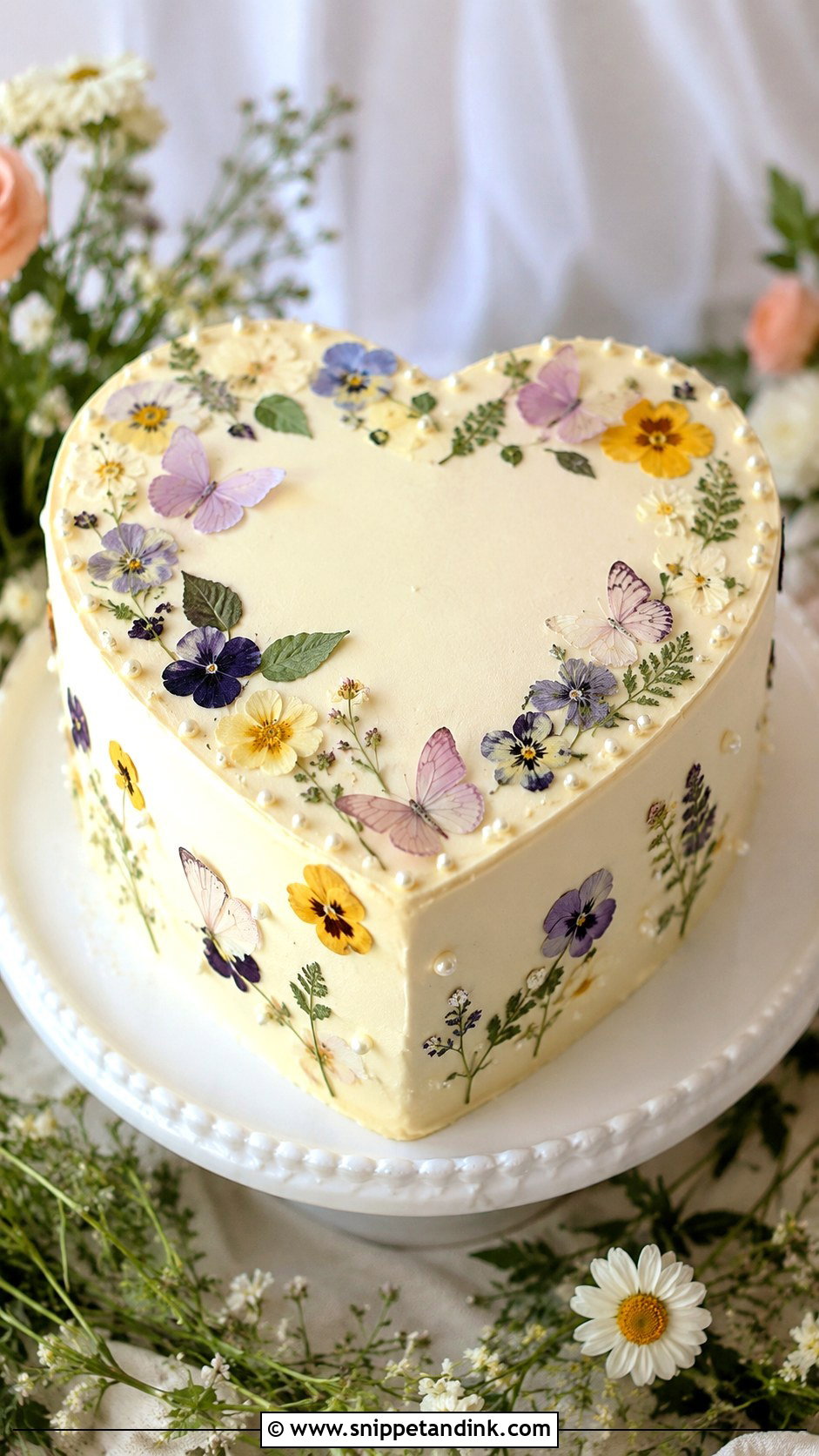 Pressed Flower Butterfly Heart Wedding Cake - Snippet and Ink - 20 Butterfly Heart Cake Ideas for Wedding