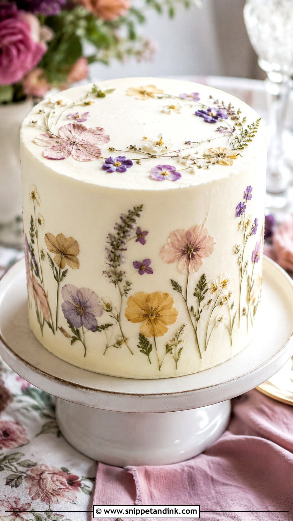 Pressed Flower Engagement Cake - Snippet and Ink - 20 Elegant Engagement Cake Ideas