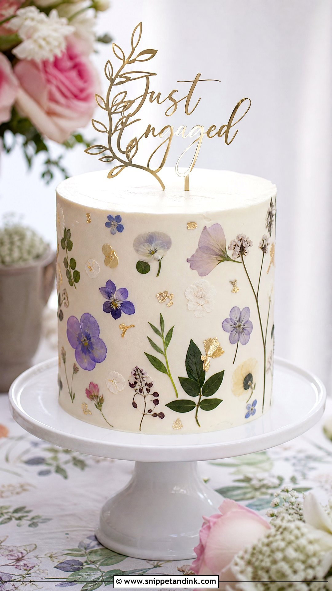 Pressed Flower Engagement Cake - Snippet and Ink - 25 Engaged Cake Ideas