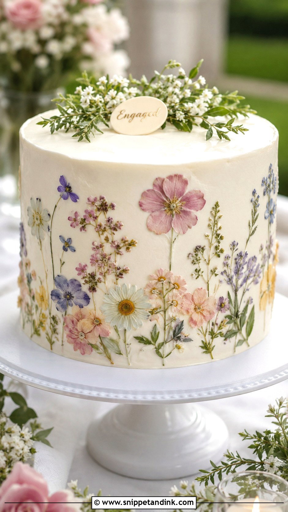 Pressed Flower Engagement Cake - Snippet and Ink - 20 Classy Engagement Cake Designs