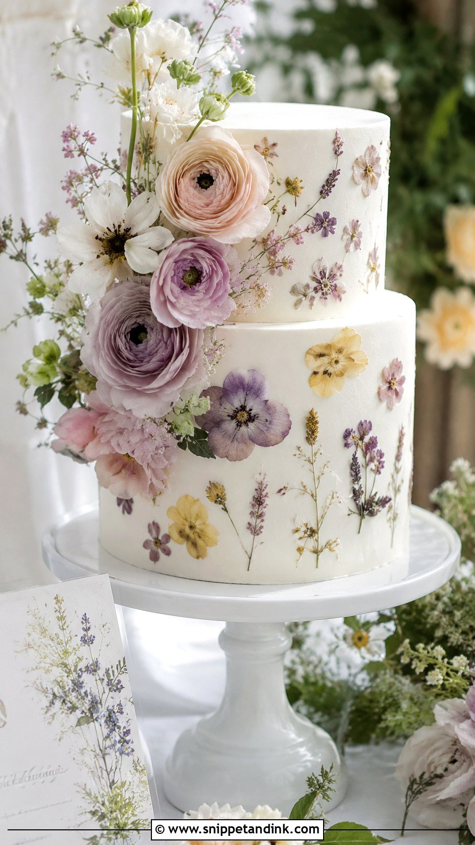 Pressed Flower Ranunculus Wedding Cake - Snippet and Ink - 25 Wedding Cake Ideas with Ranunculus