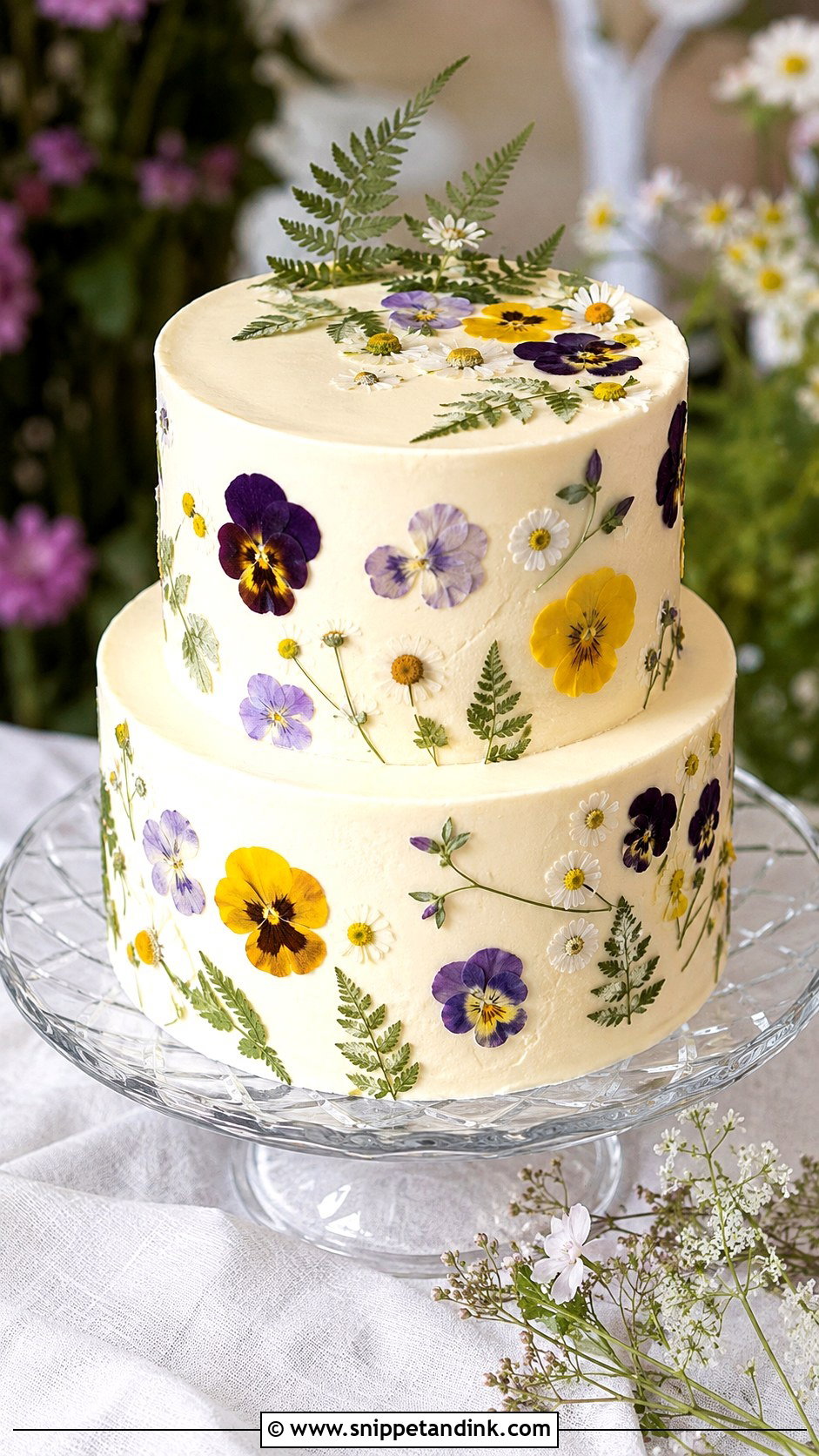 Pressed Flower Wedding Cake - Snippet and Ink - 20 Flower Wedding Cake Ideas