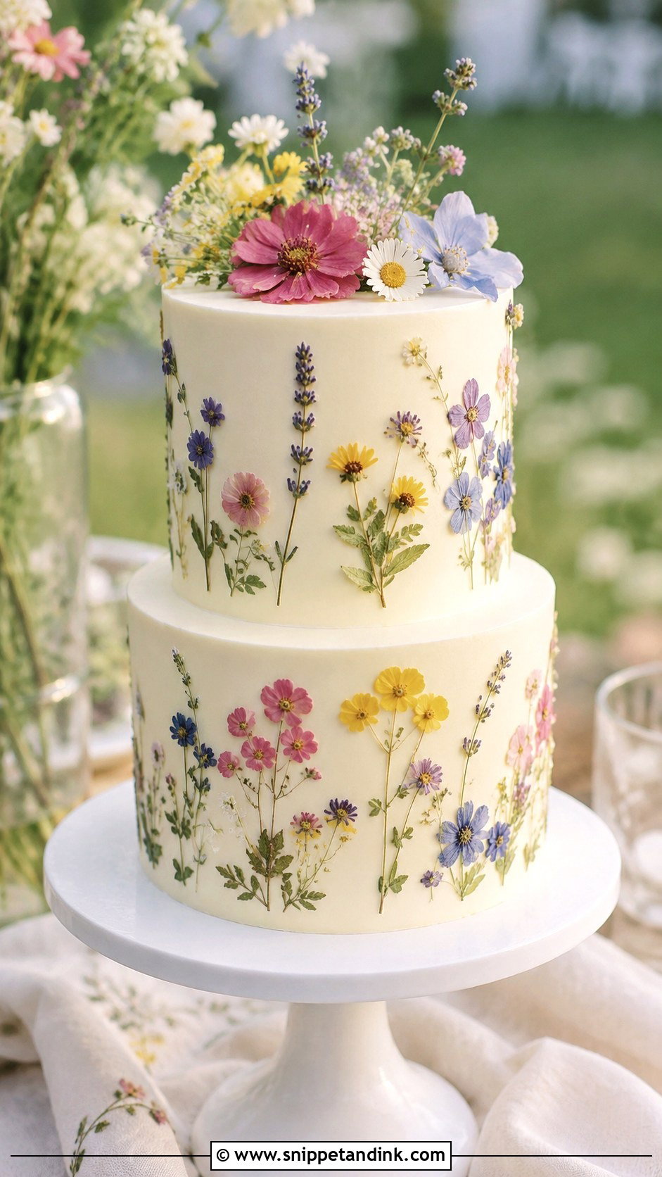 Pressed Flower Wedding Cake - Snippet and Ink - 20 Cake Photoshoot Aesthetic Ideas for Wedding