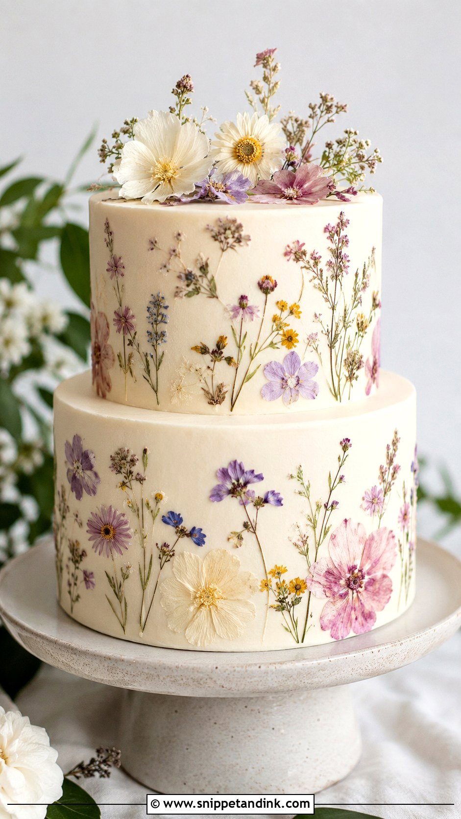 Pressed Flower Wedding Cake - Snippet and Ink - 20 Wedding Cake Ideas with Pastel Flowers
