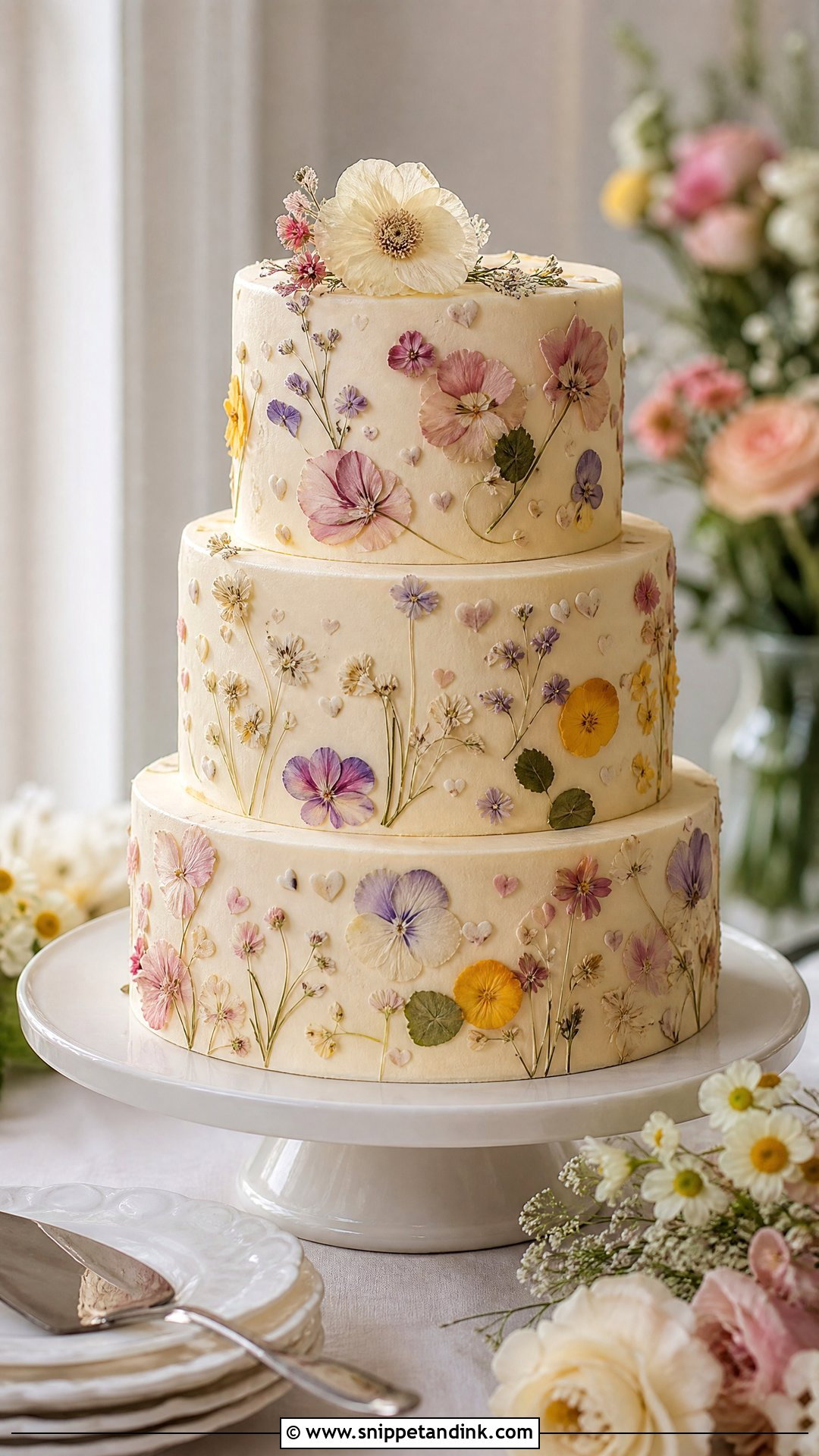 Pressed Flower Wedding Cake - Snippet and Ink - 25 Love Theme Cake Ideas for Wedding