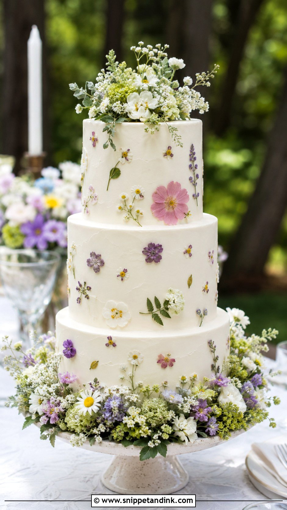 Pressed Flower Wedding Cake With Flower Border - Snippet and Ink - 20 Flowers Around Cake Ideas for Wedding