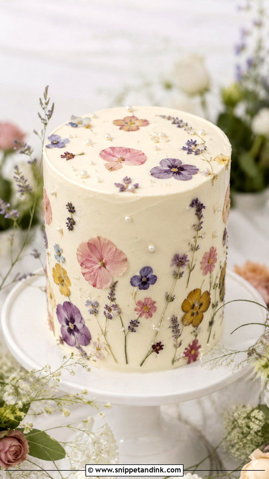 Pressed Flower Wedding Cake With Pearls - Snippet and Ink - 30 Wedding Cake Ideas with Flowers and Pearls