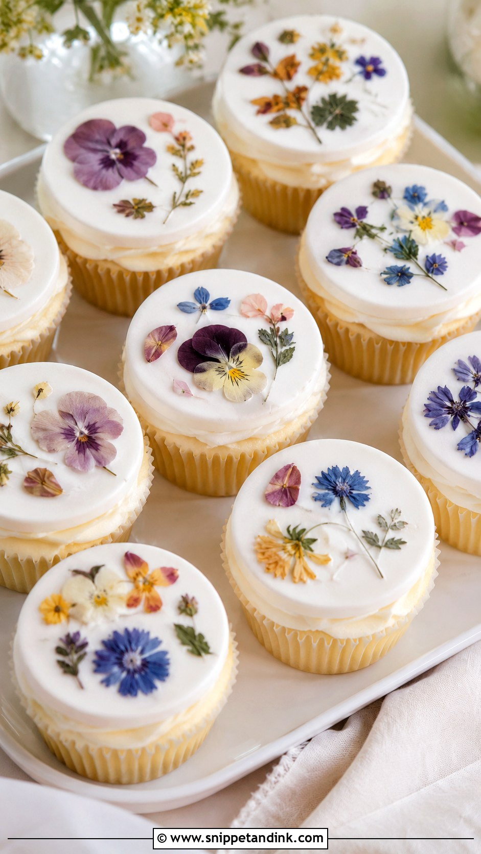 Pressed Flower Wedding Cupcakes - Snippet and Ink - 20 Cupcake Ideas with Flowers for Wedding