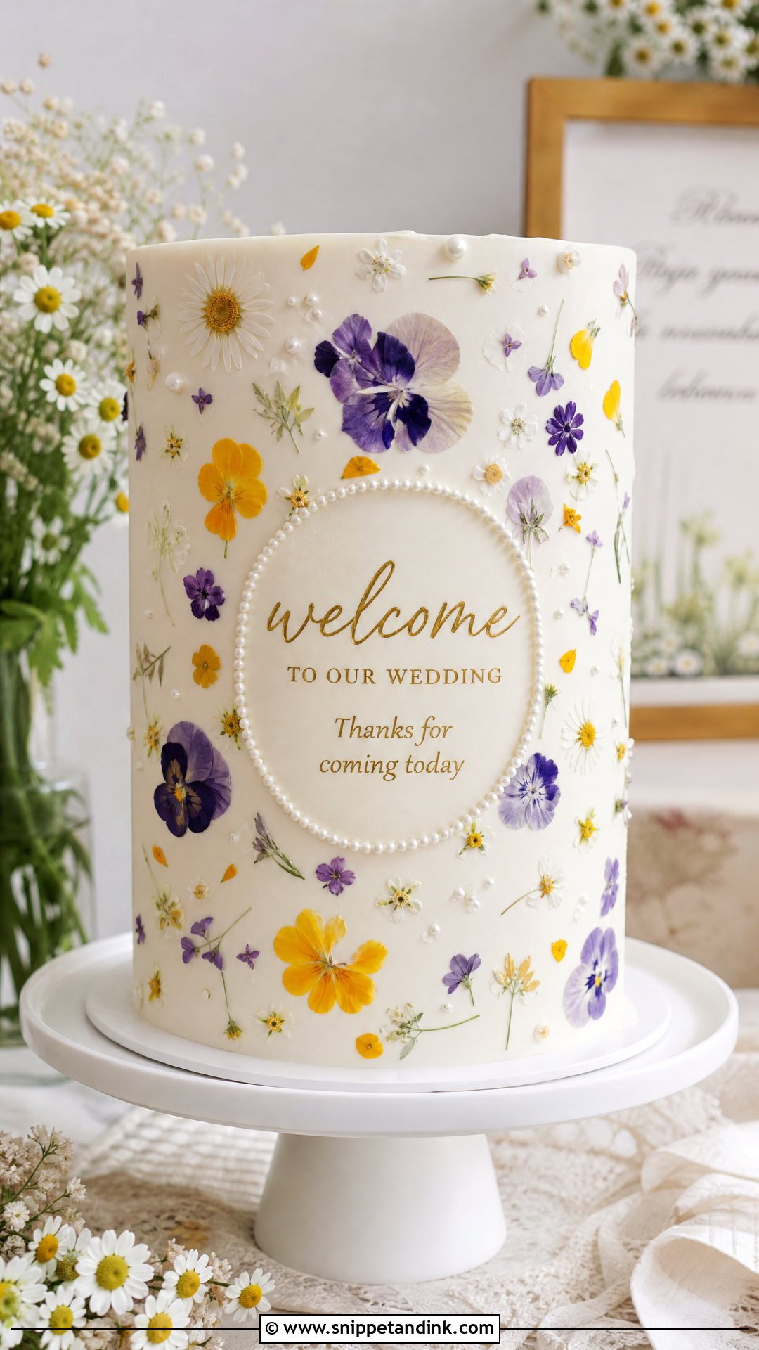 Pressed Flower Welcome Wedding Cake - Snippet and Ink - 30 Welcome Cake Ideas for Wedding