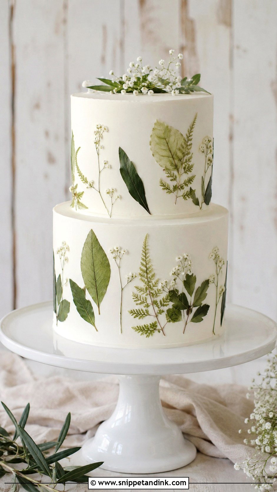 Pressed Greenery Wedding Cake - Snippet and Ink - 25 Rustic Greenery Wedding Cake Ideas