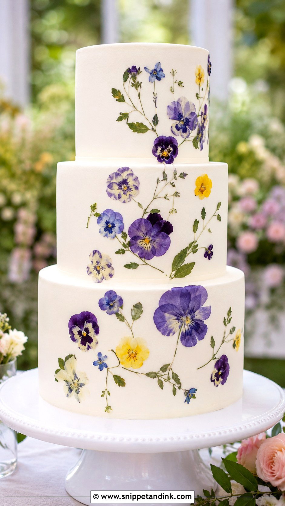 Pressed Pansy Wedding Cake - Snippet and Ink - 20 Pansy Wedding Cake Ideas