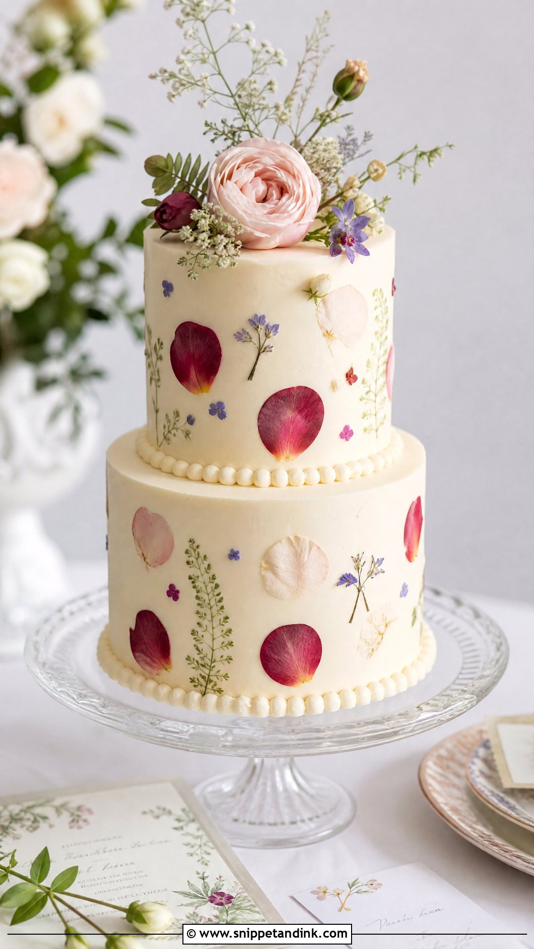 Pressed Rose Wedding Cake - Snippet and Ink - 20 Roses Cake Design Ideas for Wedding