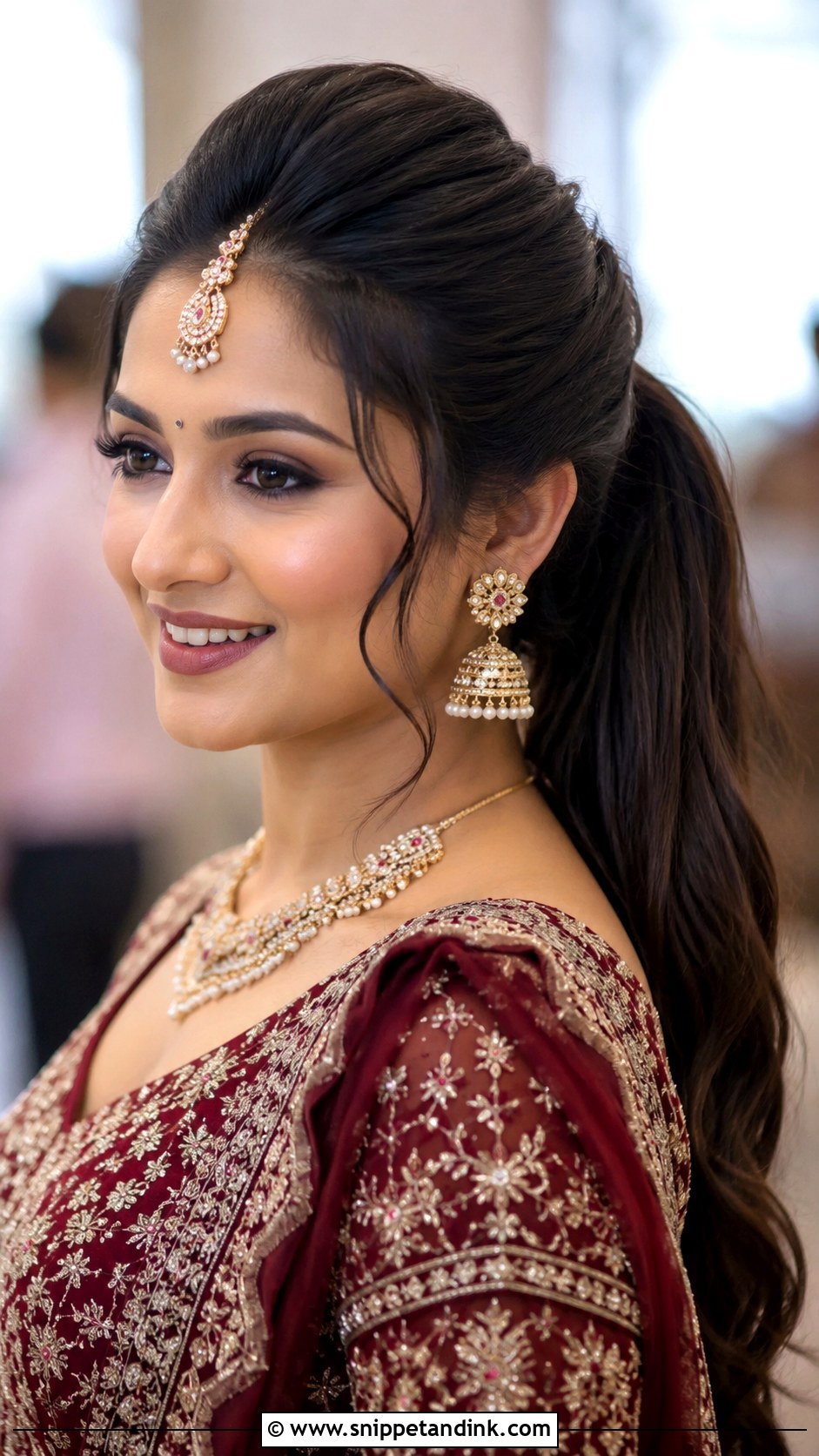 Puff Ponytail With Maang Tikka - Snippet and Ink - 30 Indian Wedding Pony Hairstyles