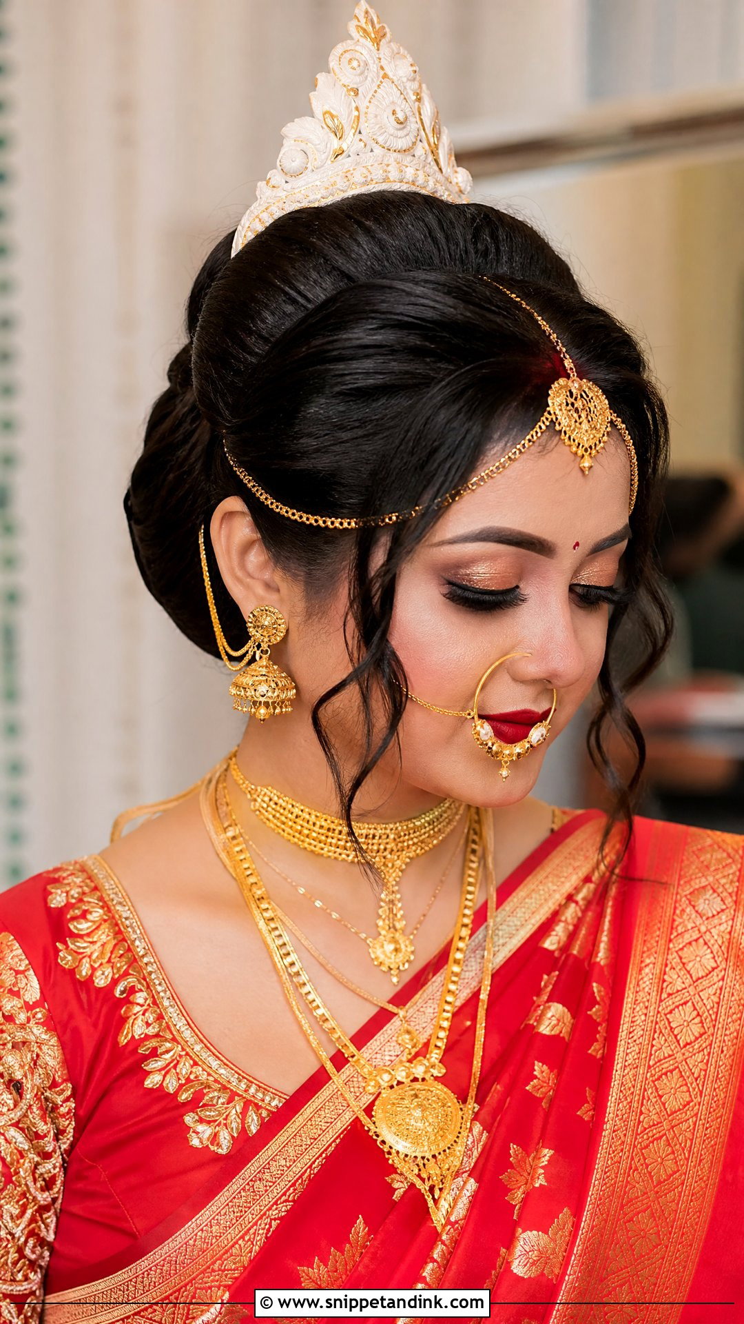 Puffed Bun With Mukut Crown - Snippet and Ink - 20 Bengali Bridal Hairstyle Ideas
