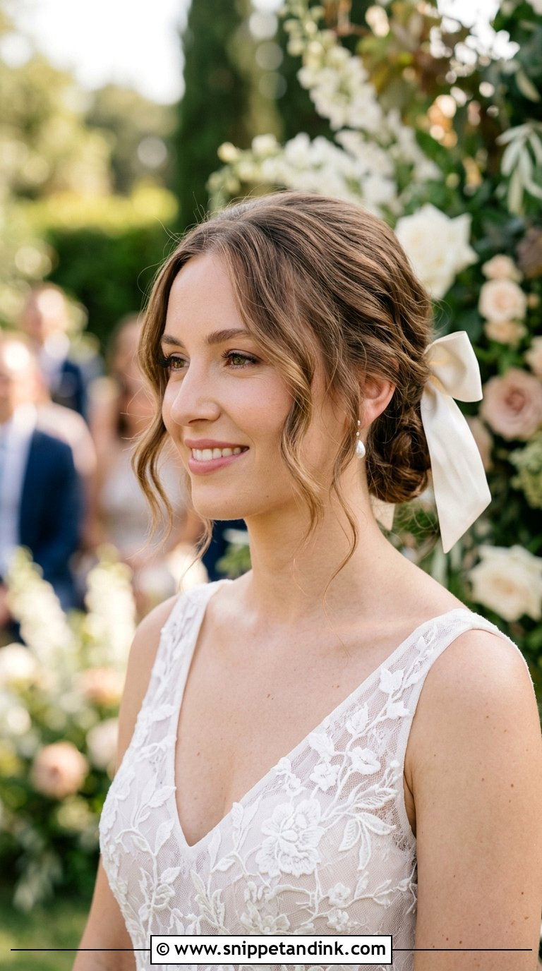Pulled Back Bow With Face Framing Pieces - Snippet and Ink - 20 Bridal Hair with Bow Ideas