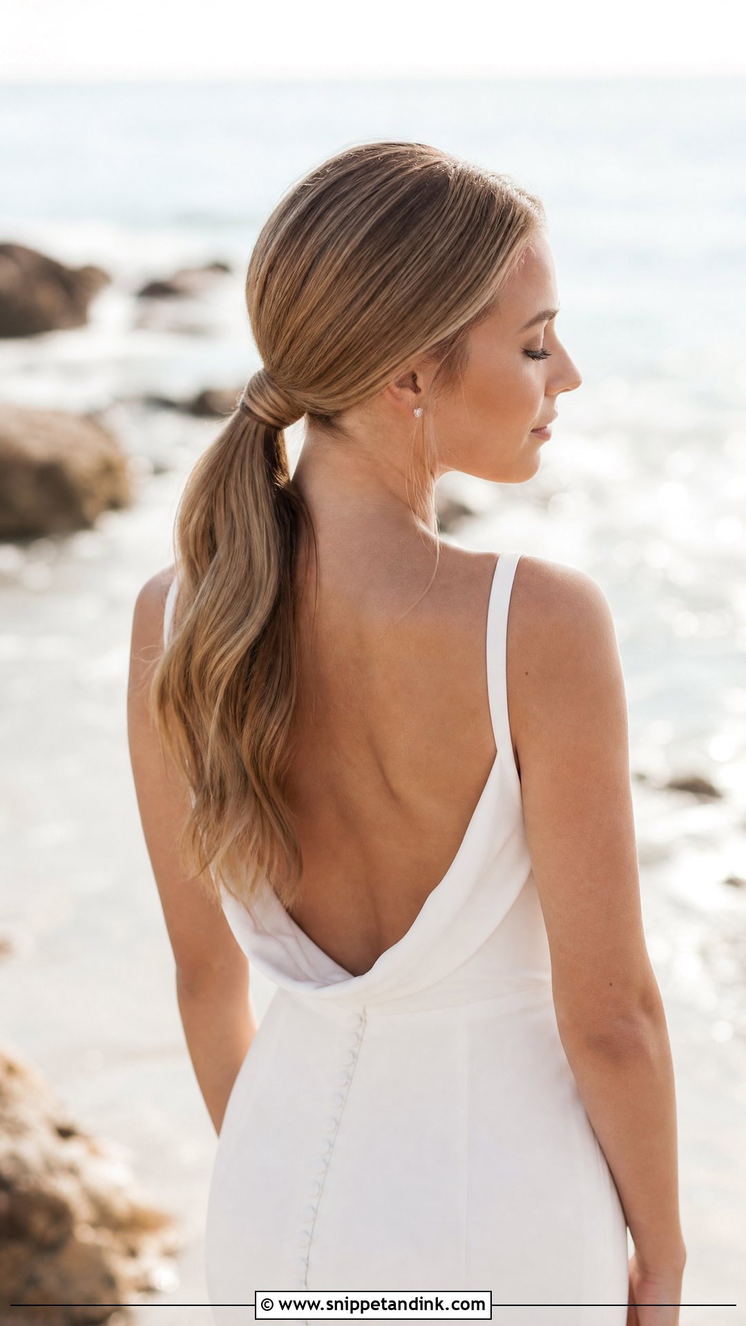 Pulled Back Bridal Ponytail for the Beach - Snippet and Ink - 20 Beach Bride Hair Ideas