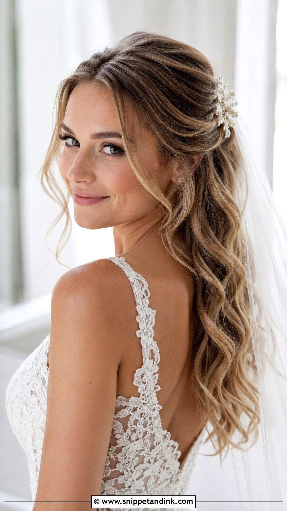 Pulled Back Bridal Waves - Snippet and Ink - 20 Bridal Hairstyles Front Look
