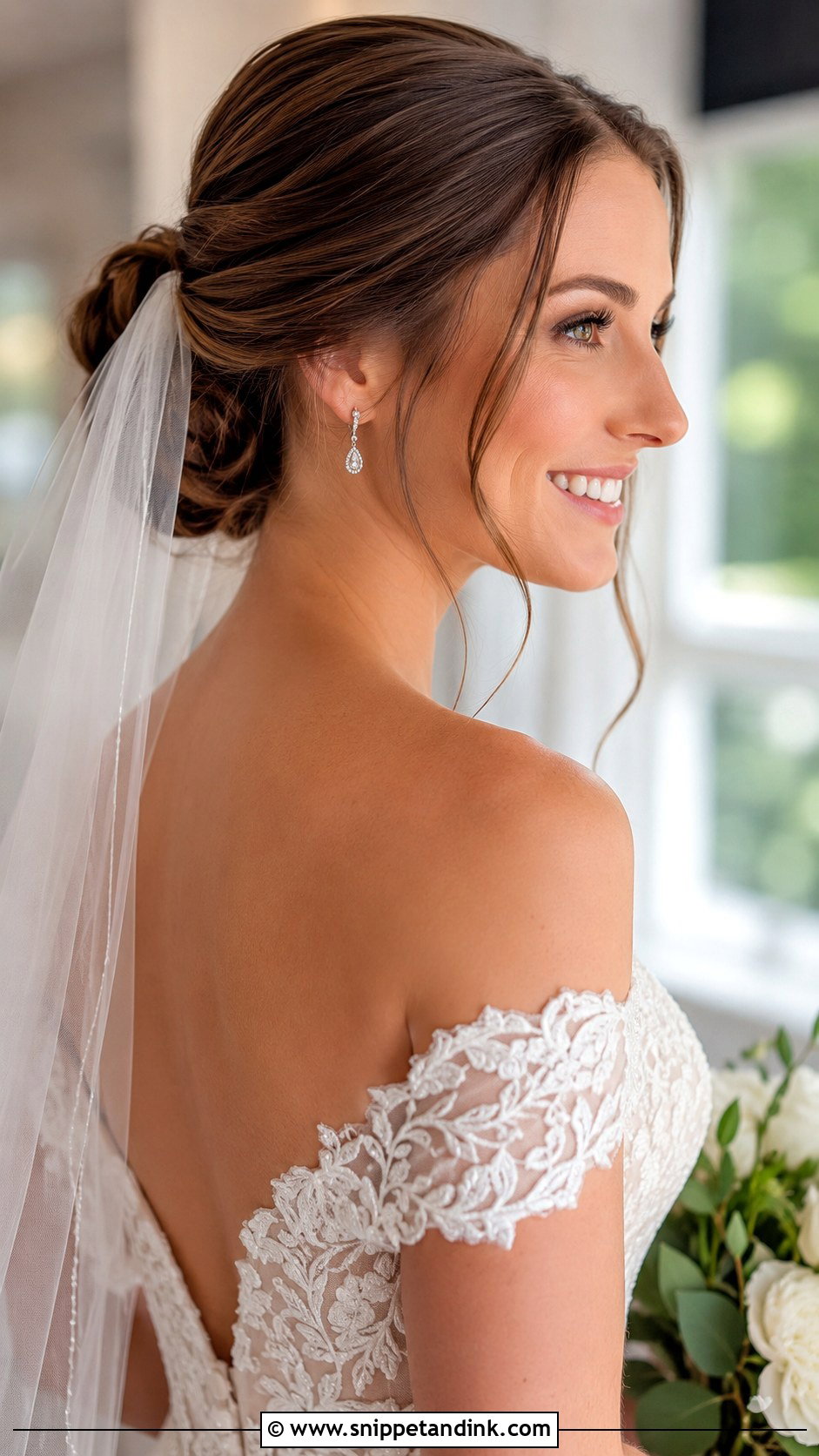 Pulled Back Bun With Veil - Snippet and Ink - 25 Shoulder Length Wedding Hairstyles