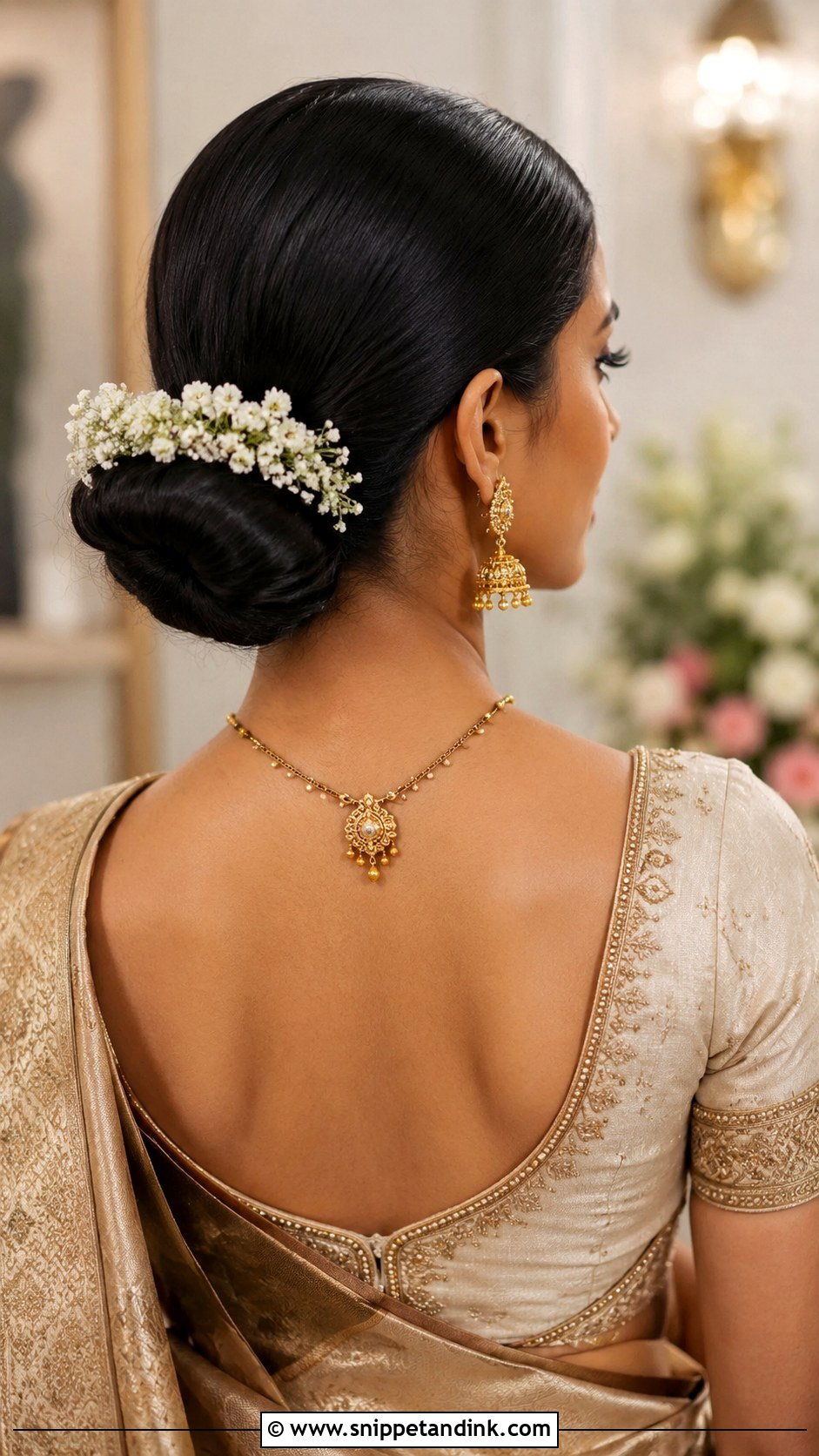 Pulled Back Bun for Saree - Snippet and Ink - 25 Hair Styles for Indian Wedding