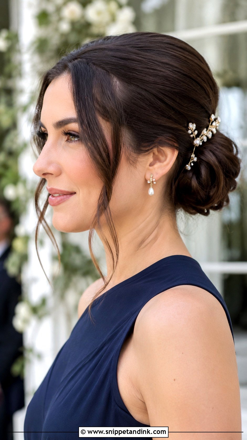 Pulled Back Bun with Tendrils for Long Hair Wedding Guest - Snippet and Ink - 20 Hair Styles for Long Hair Wedding Guest