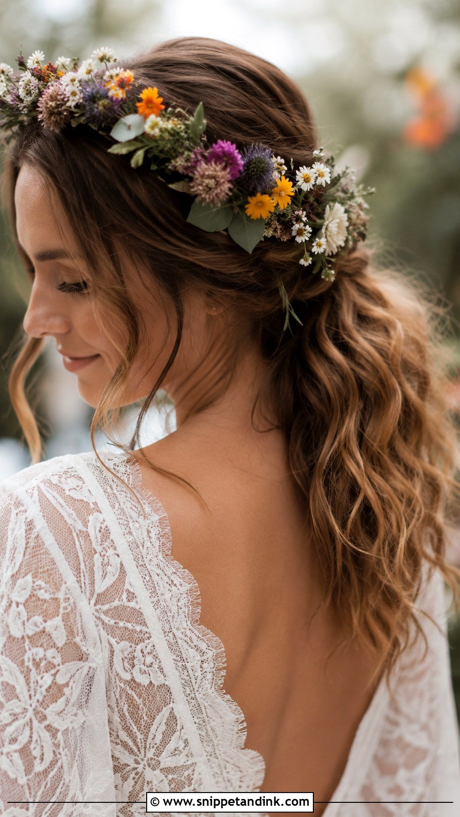 Pulled Back Ponytail with Floral Crown - Snippet and Ink - 30 Bridal Ponytail Hairstyles