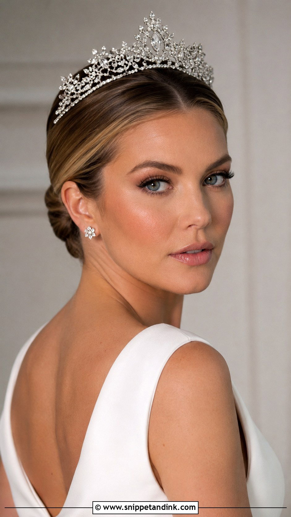 Pulled Back Sleek Updo With Tiara - Snippet and Ink - 20 Bridal Hair Tiara Ideas