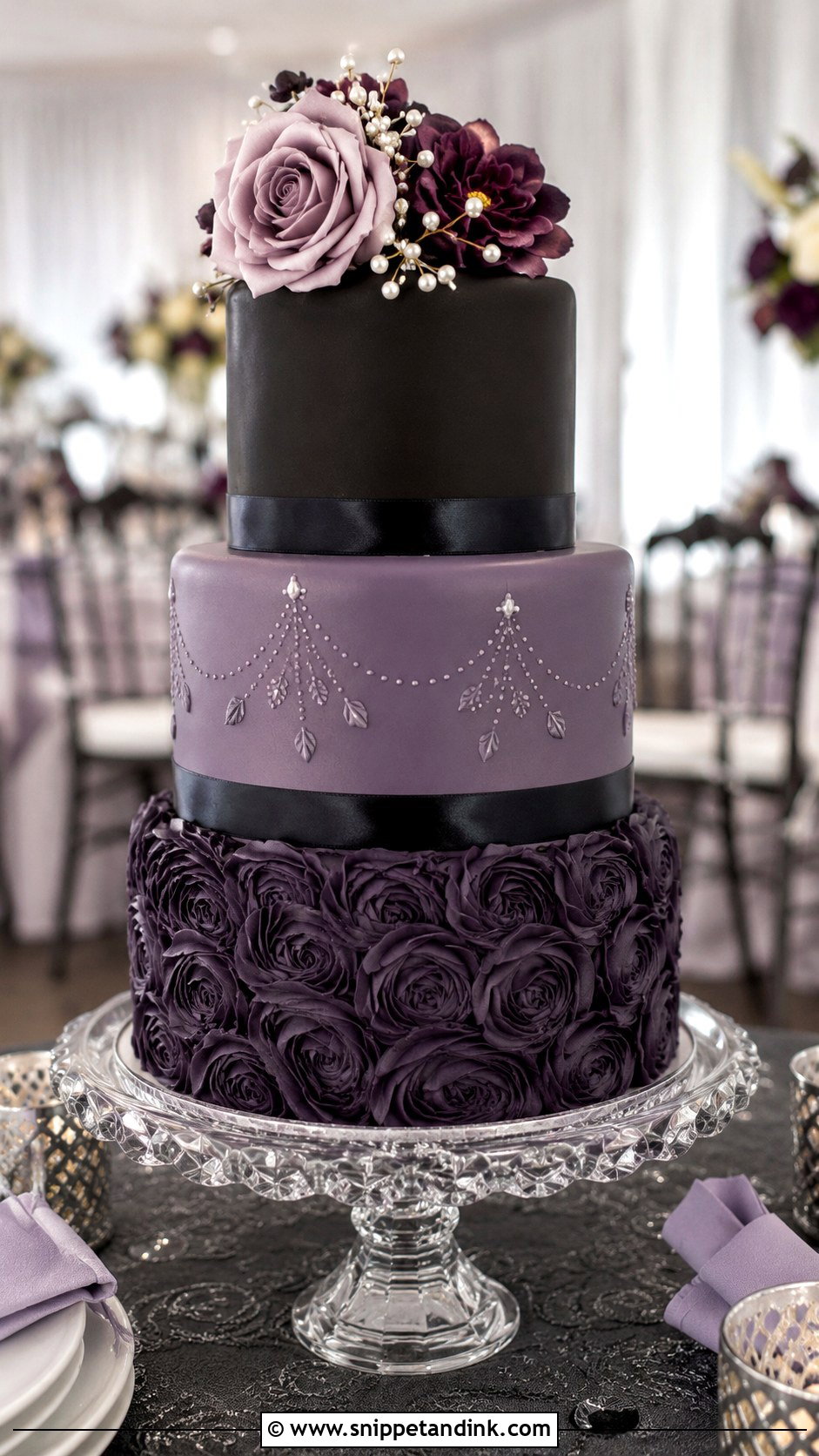 Purple And Black Tiered Wedding Cake - Snippet and Ink - 20 Purple and Black Wedding Cake Ideas