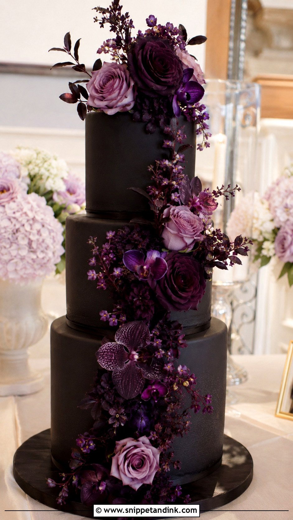Purple And Black Wedding Cake With Flowers - Snippet and Ink - 20 Purple and Black Wedding Cake Ideas