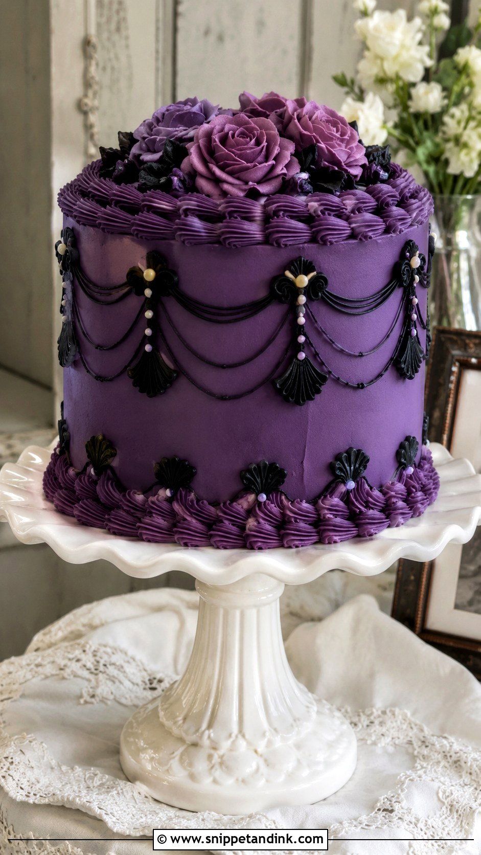 Purple And Black Wedding Cake With Lace - Snippet and Ink - 20 Purple and Black Wedding Cake Ideas