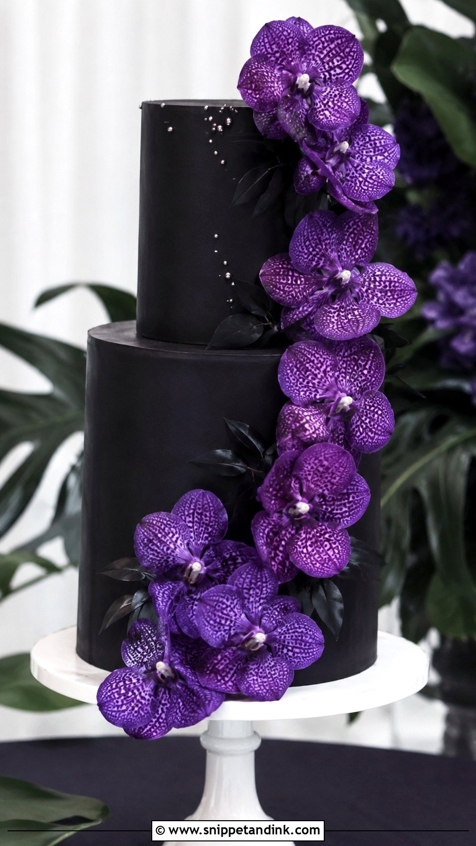 Purple And Black Wedding Cake With Orchids - Snippet and Ink - 20 Purple and Black Wedding Cake Ideas