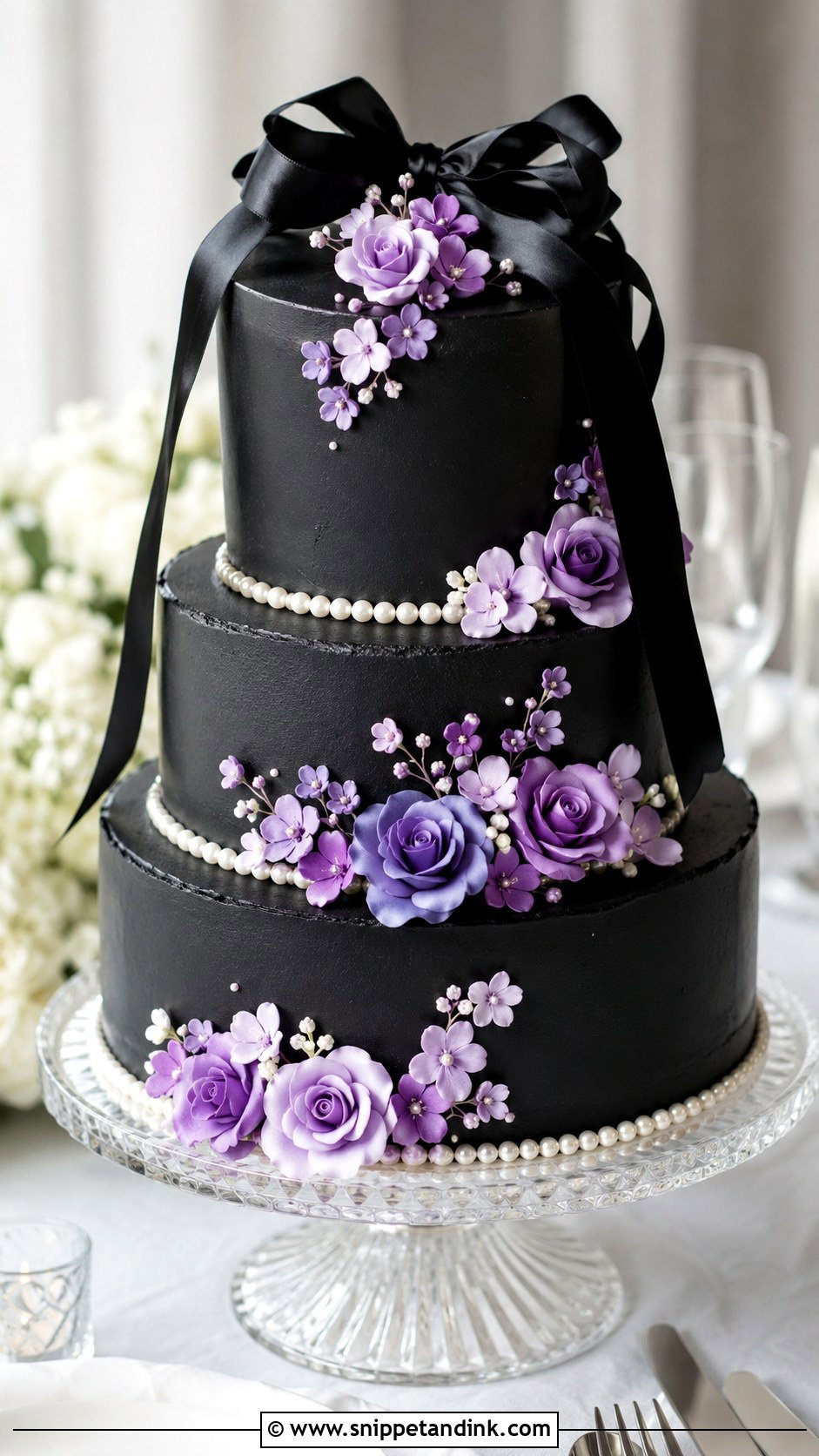Purple And Black Wedding Cake With Pearls - Snippet and Ink - 20 Purple and Black Wedding Cake Ideas