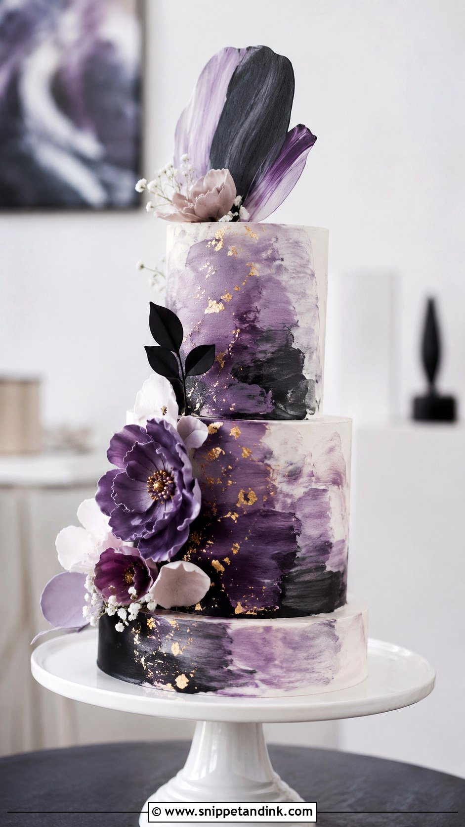 Purple And Black Wedding Cake With Watercolor - Snippet and Ink - 20 Purple and Black Wedding Cake Ideas