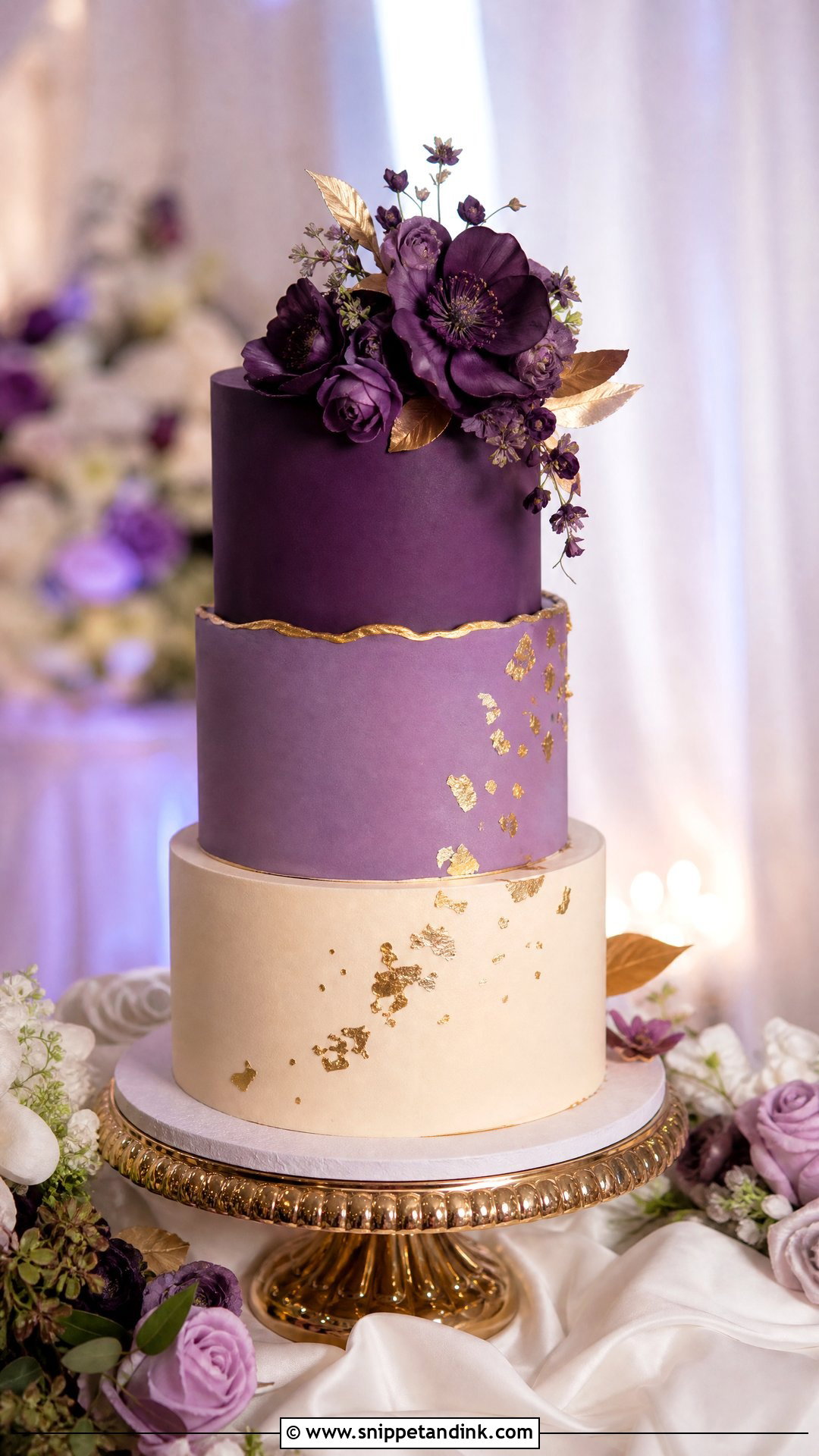 Purple And Gold Wedding Cake - Snippet and Ink - 20 Purple Wedding Cake Ideas