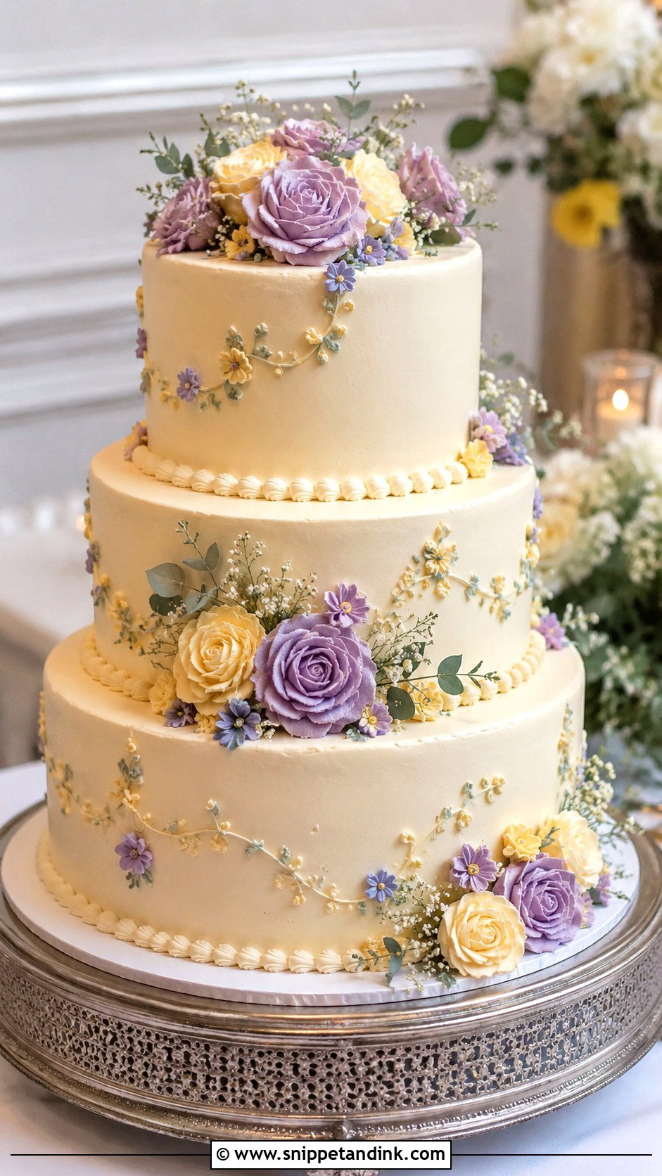 Purple And Yellow Buttercream Wedding Cake - Snippet and Ink - 20 Purple and Yellow Wedding Cake Ideas