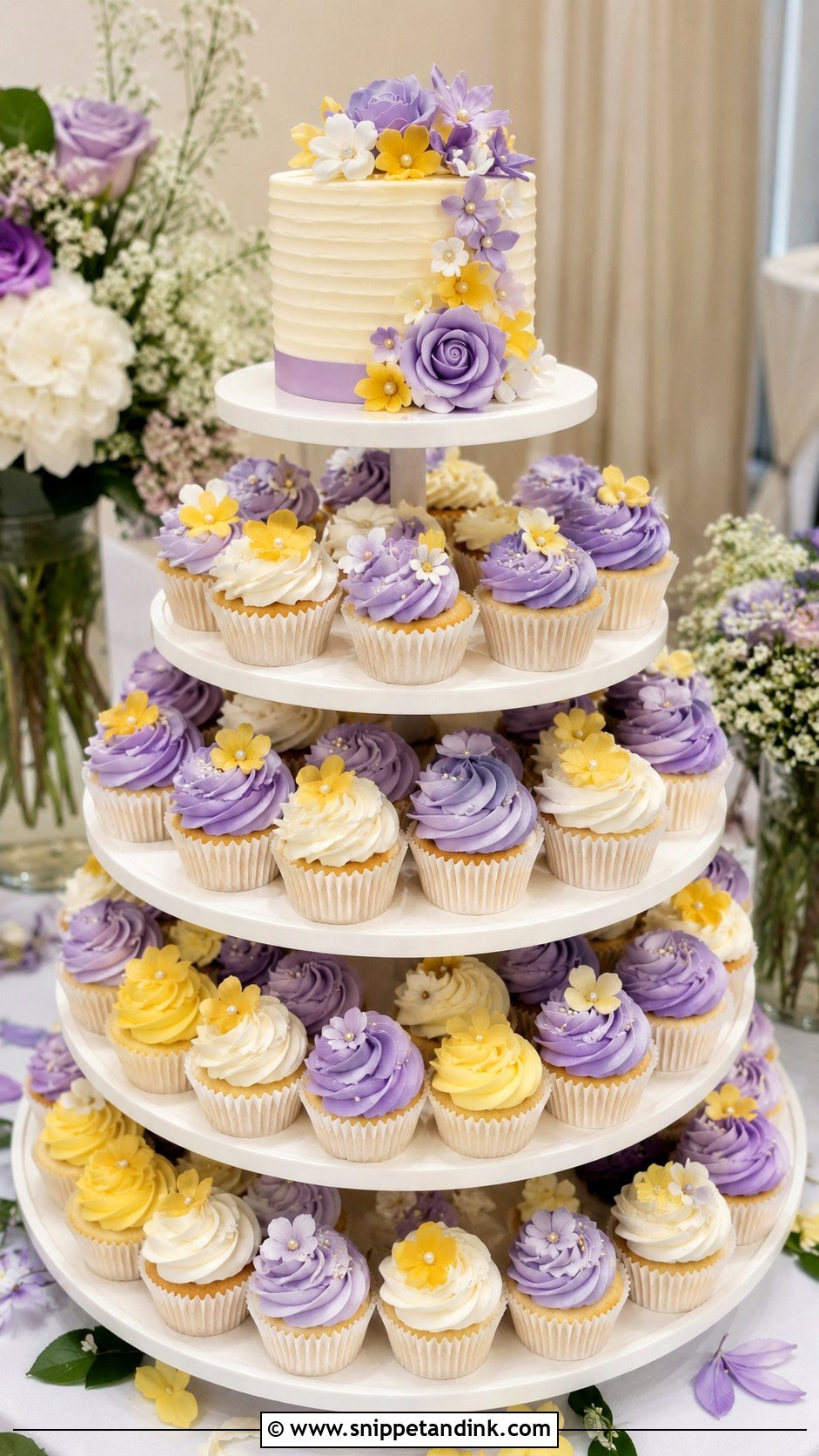 Purple And Yellow Cupcake Wedding Cake - Snippet and Ink - 20 Purple and Yellow Wedding Cake Ideas